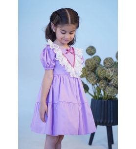 Dantelli Pamuk Saten Lila Kız Çocuk Bebek Abiye Elbise
