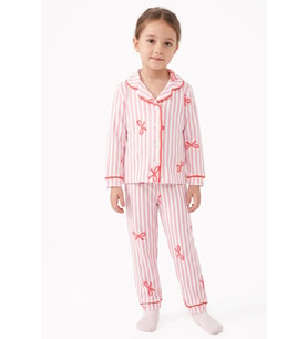 Kız Bebek Beyaz Pudra Fiyonklu Çizgili Pijama Takımı