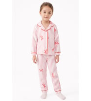 Kız Bebek Beyaz Pudra Fiyonklu Çizgili Pijama Takımı