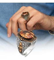Sarı Taşlı Oval 925 Gümüş Erkek Yüzük