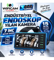 15 Metre 3 Lensli 7 İnç Büyük Ekranlı Yılan Kamera Sert Kablo-SD Karta Kayıt