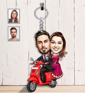 Kişiye Özel Vespa Motorcu Sevgili Karikatürlü Ahşap Anahtarlık  Mod-3-Eco