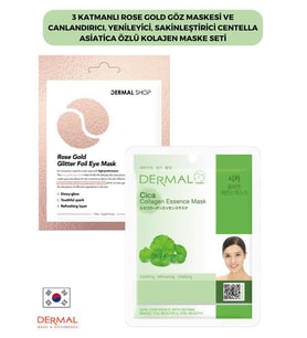 3 Katmanlı Rose Gold Göz Maskesi ve Canlandırıcı, Yenileyici, Sakinleştirici Centella Asiatica Özlü Kolajen Maske Seti