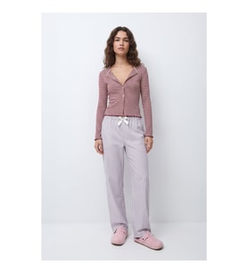 Kadın Çizgili %100 Pamuk Pembe Pijama Altı