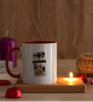 Kişye Özel Polaroid Tasarım Fotoğraflı Ahşap Altlıklı Mumlu Kırmızı Kupa