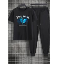 Unisex Blue Butterfly Baskılı 2'li Eşofman Takımı (Siyah)