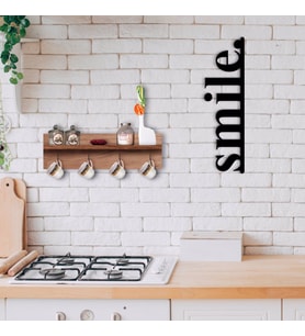 BK Home Doğal Ahşap Raflı Dekoratif Fincan Askılığı ve Gülümse Duvar Süsü-4 (Beyaz)