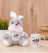 Kişiye Özel Youtube Tasarım Fotoğraflı Peluş Tavşan ve Beyaz Kupa