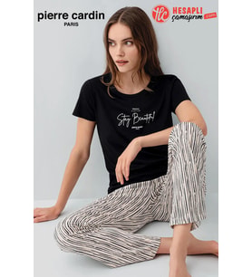 Pierre Cardin Paris Premium Büyük Beden Kadın Stay Beautiful Siyah Çizgili Kısa Kol Pijama Takım