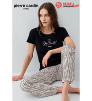Pierre Cardin Paris Premium Büyük Beden Kadın Stay Beautiful Siyah Çizgili Kısa Kol Pijama Takım