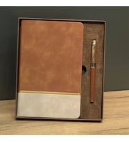 Taba Rengi Gold Detaylı Termo Deri Defter Ve Metal Roller Kalem Hediye Seti