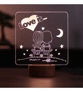 Love Is Figürlü Dekoratif Hediye Led Masa Lambası 7 Işık Rengi Ahşap Taban (Günışığı)