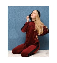 Fransız Kadife Kapüşonlu Kadın Pijama Takımı 1549-3 (Kırmızı)