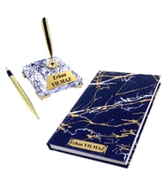 Premium Beyaz Mermer Tasarımlı Kaideli İmza Kalemi ve Defter, Kişiye Özel Hediye Seti (Model 1)