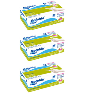 Dolphin Tek Kullanımlık Lateks Beyaz Pudralı Medium Muayne Eldiveni - 3 Adet 100'lü Paket/Koli