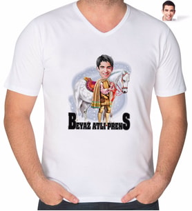 BK Gift Kişiye Özel Beyaz Atlı Prens Karikatürlü V Yaka Tişört-1