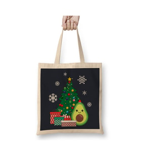 Happy Avocado Around The Christmas Tree Beyaz Bez Çanta Uzun Saplı Alışveriş Çantası Plaj Çantası
