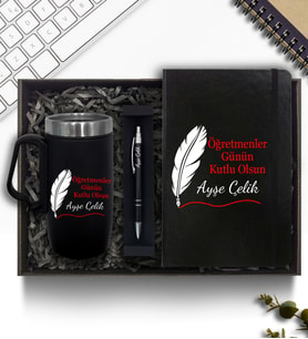 Öğretmenler Günü Temalı Kişiye Özel Çelik Bardak Termos & Defter & Kalem Hediye Seti