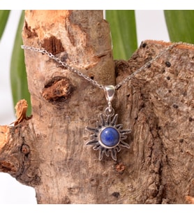 Güneş Şeklinde Lapis Lazuli Taşı Gümüş Kolye - Küçük Boy