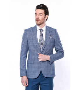 Ekose Slim Fit Tek Düğme Mavi Erkek Ceket - Wessi (Açık Mavi)