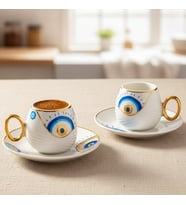 Evil Eye Nazar Boncuğu Desenli 6 Kişilik Porselen Kahve Fincan Takımı (Mavi)