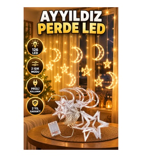 126 LED Yıldız ve Ay Figürlü Perde Işık – Prizli, 2 Işık Modlu Dekoratif Aydınlatma