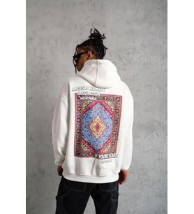 Erkek 3 İplik Pamuklu Kapüşonlu Baskılı Cepli Oversize Sweatshirt Hoodie - Beyaz