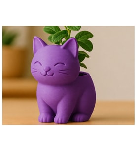 Alvera Sevimli Kedi Saksı – 3D Baskı Figürlü Minik Yeşil Saksısı-Mor