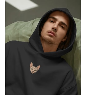 Sphynx Kedili Hoodie Unisex %100 Pamuk  Siyah Kapüşonlu Sweatshirt Göğüs Ortası Minimal Logo