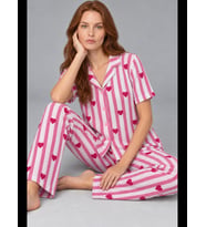 Night Kadın Rahat Kalıp Gömlek Yaka Kalpli Pijama Takımı 4769