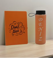 BK Gift Kişiye Özel İsimli Turuncu Defter ve Somon Cam Matara Hediye Seti-4, Sevgiliye Hediye, Arkadaşa Hediye, Yeni İş Hediyesi