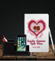 Sevgililer Gününe Özel Beyaz Defter Kalem & Deri Kaplama Kalemlik Hediye Seti 33