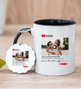 Kişiye Özel Youtube Tasarım Fotoğraflı Siyah Kupa Bardak ve Anahtarlık