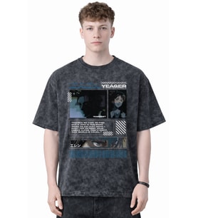 Tasarım Eren Yeager Attack On Titan Anime Baskılı Unisex Oversize Eskitme Yıkamalı Tişört
