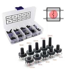 200 Adet 6x6mm Tact Buton Set 10 Farklı Yükseklikte 4 Pin Dokunmatik Anlık Basmalı Düğme Anahtar