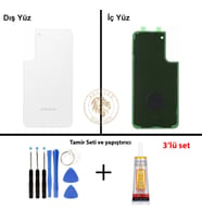 Samsung Galaxy S22 Plus Beyaz Renk Arka Kapak + Tamir Seti + B7000 Yapıştırıcı Arka Cam Batarya Kapağı Pil Kapağı Lazer Kesim Back Cover Galaxy S22 Plus Uyumlu