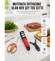 Profesyonel Mutfak Makas Seti – Kesim Makası + Soyacak + Bileyici Yeni Nesil