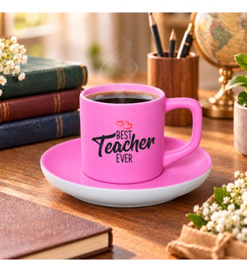 BK Gift En İyi Öğretmen Tasarımlı Mat Pembe Türk Kahvesi Fincanı ve Tabağı-1