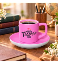 BK Gift En İyi Öğretmen Tasarımlı Mat Pembe Türk Kahvesi Fincanı ve Tabağı-1