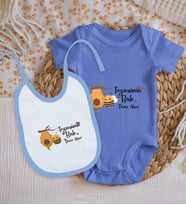 BK Kids Kişiye Özel Teyzesinin Balı Tasarımlı Mavi %100 Pamuklu Kısa Kol Bebek Body Zıbın ve Mama Önlüğü Hediye Seti