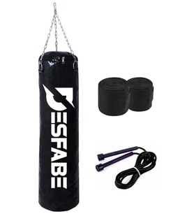 Desfabe Boxing Star 70x25 Cm Zincirli Boks Kum Torbası Siyah+El Sargı Bandajı+Atlama İpi
