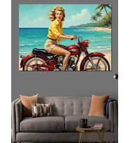 Motosikletli Retro Pin-Up Kadın Dekoratif Kanvas - Mdf Ahşap Tablo