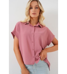 Oversize Kısa Kol Gömlek 20322 - Beyaz (Pembe)