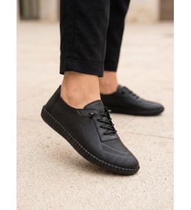 BEREN Hakiki Deri Siyah Kadın Yürüyüş Ayakkabı Lazer Delikli Ortopedik Taban Elastik Bağcıklı Comfort Sneaker