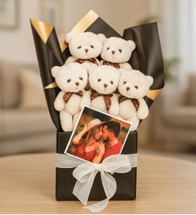 Kişiye Özel Fotoğraflı Peluş Ayıcık Buketi (Beyaz)