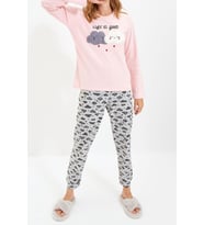 Kadın Pamuklu V Yaka Uzun Kol Pamuklu Nakışlı Örme Pijama Takımı