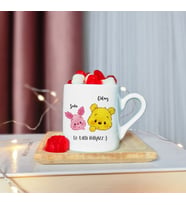 Winni The Pooh Tasarımlı Ahşap Tabaklı Kişiye Özel Türk Kahvesi Fincanı