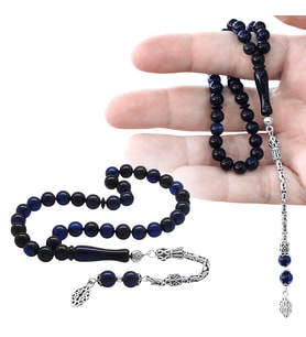 Damla Kehribar Tesbih - 925 Ayar Gümüş Kral Zincir Püsküllü - Lacivert Renk - Küre Kesim