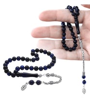 Damla Kehribar Tesbih - 925 Ayar Gümüş Kral Zincir Püsküllü - Lacivert Renk - Küre Kesim