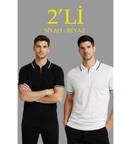 Erkek Triko Tişört Fermuarlı Polo Yaka Yazlık Kısa Kol T-Shirt 2’li Set Beyaz-Siyah